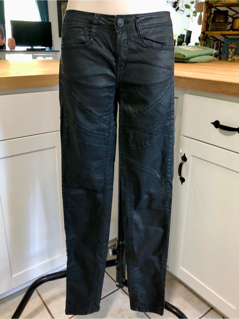 Zara Black Faux Leather Look Moto Pants Slim 6
